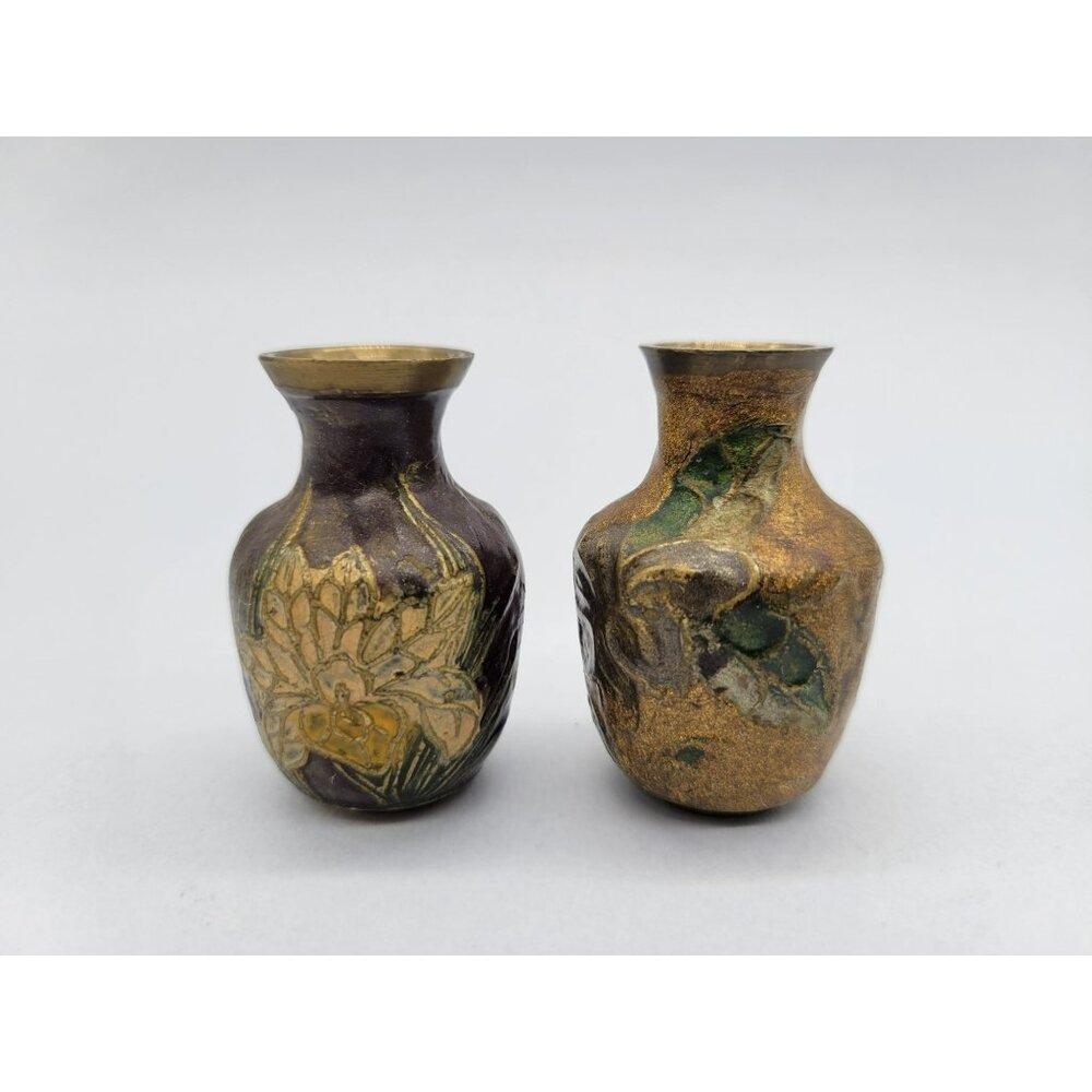 Pair Brass Enamel Floral Cloisonne Vases Miniature 2 inches